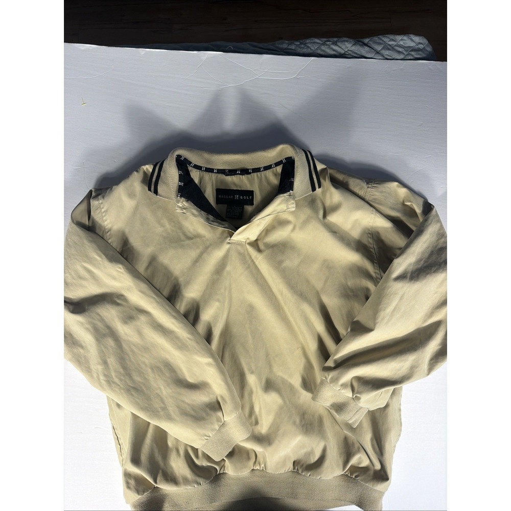 Haggar Golf Windbreaker Pullover Jacket Mens Large Beige V Neck Lightweight